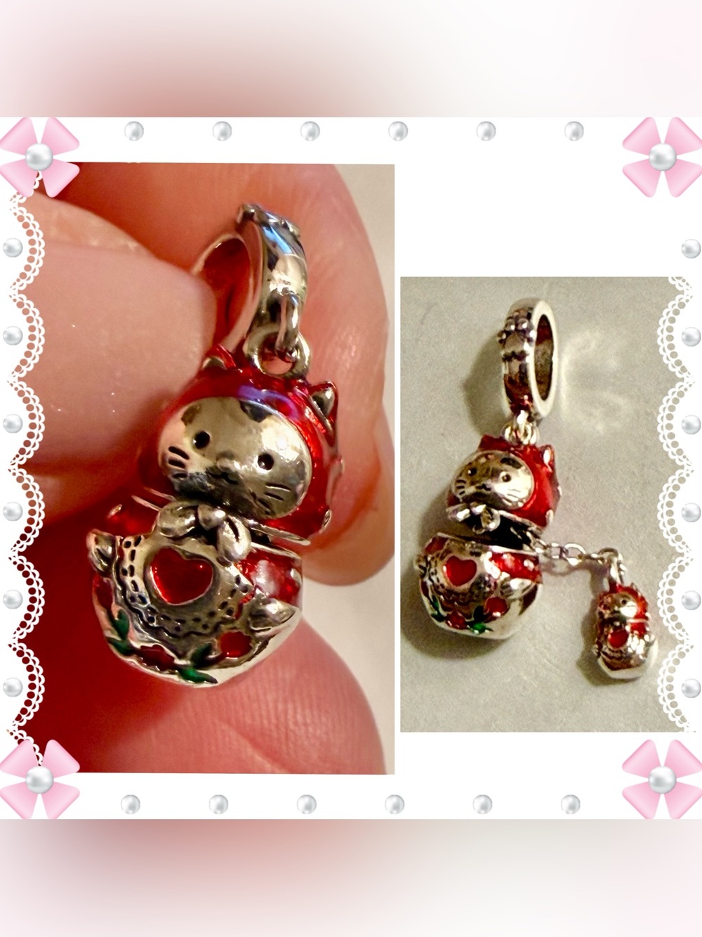 Charm / pendant - 1"h lucky cat red riding hood - red & silver tone. New!